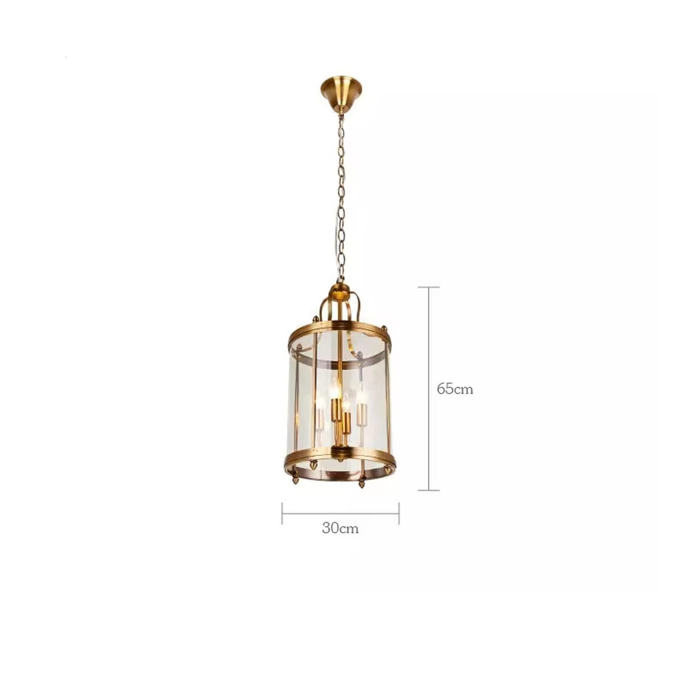 Light luxury golden metal cage-style cylindrical glass cover candelabra chandelier, golden frame + transparent cylindrical glass cover + candle-shaped bulbs, soft warm light, suitable for modern minimalist dining area atmosphere.