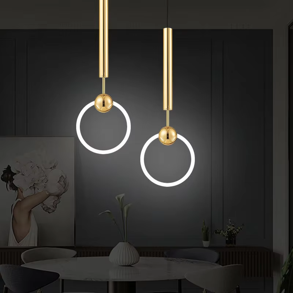 This light luxury small ring chandelier features a gold metal suspension rod, paired with a luminous LED ring and a gold spherical decoration on top, with a simple and elegant shape, serving both lighting and decorative purposes, ideal for dining rooms, bedrooms, light luxury commercial spaces and other scenarios.