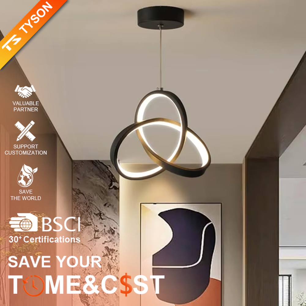 Modern minimalist black-gold interwoven triple-ring LED pendant light, warm light effect, creating a minimalist artistic space atmosphere.