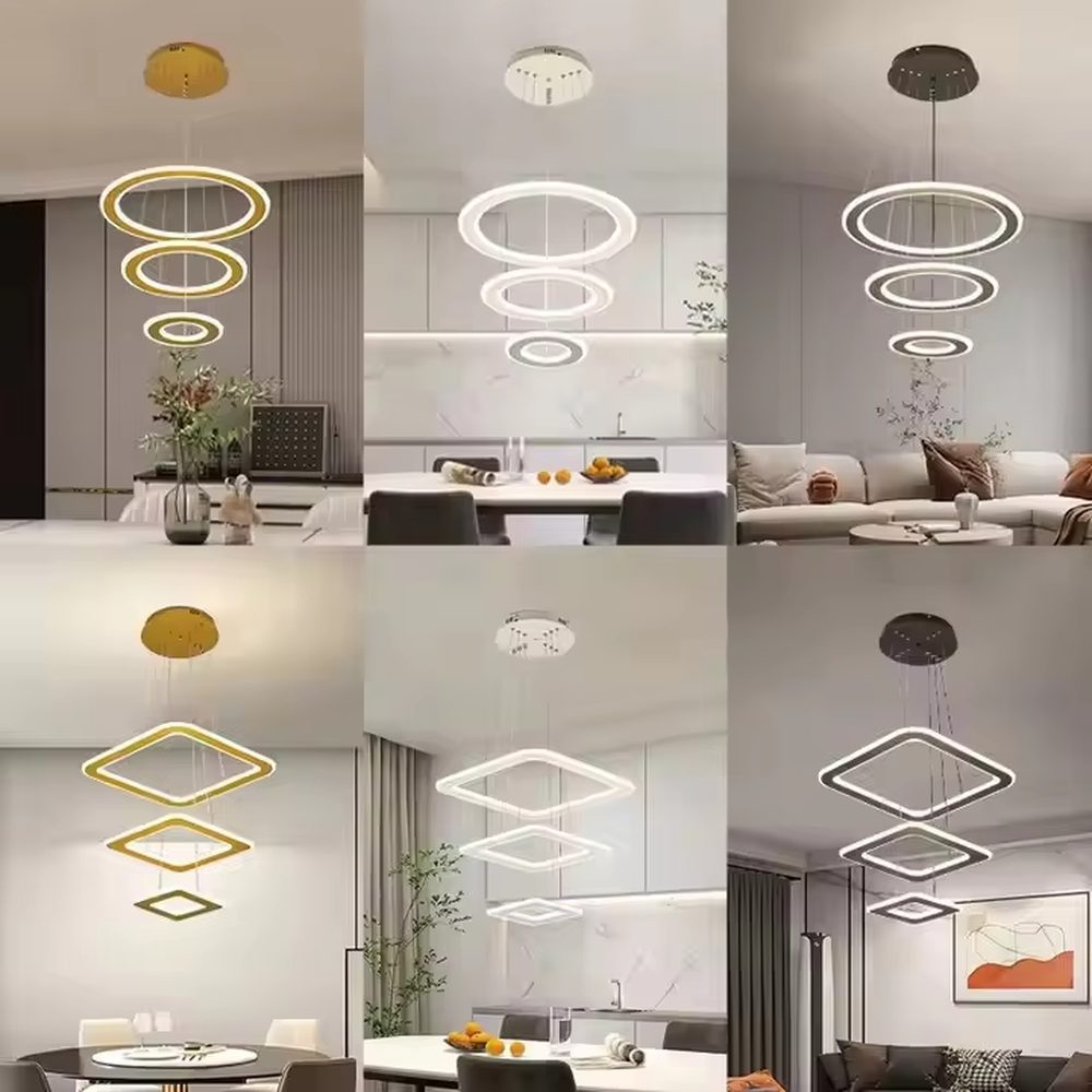 This is a modern minimalist three-layer circular hanging chandelier, featuring a multi-layer hanging design with white circular light strips. It has a simple and grand style, with soft and uniform lighting. It is used for space lighting and decoration to create a minimalist modern atmosphere. Suitable for modern kitchen dining areas, minimalist living rooms, modern apartment dining areas and other places.