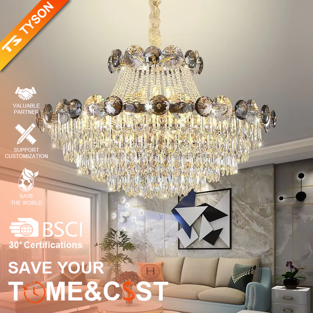 This is a luxurious classical multi-layer crystal chandelier, combining transparent and smoky gray crystals with a multi-layer hanging design. It features brilliant lighting and grand luxury. It is used for space lighting and decoration, creating a luxurious and noble atmosphere. Suitable for luxury living rooms, high-end hotel lobbies, villa banquet halls and other places.
