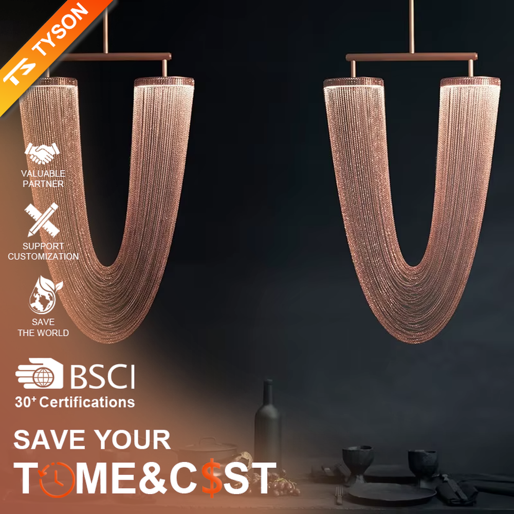 Luxury U-shaped metal chain chandelier (gold chain + warm light), warm light effect, creating a high-end dynamic light luxury space atmosphere.