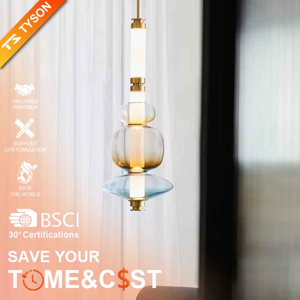 Modern artistic hanging combination chandelier, gradient glass components + copper metal decorations + milky white long tubes, soft lighting, creating an artistic minimalist atmosphere.