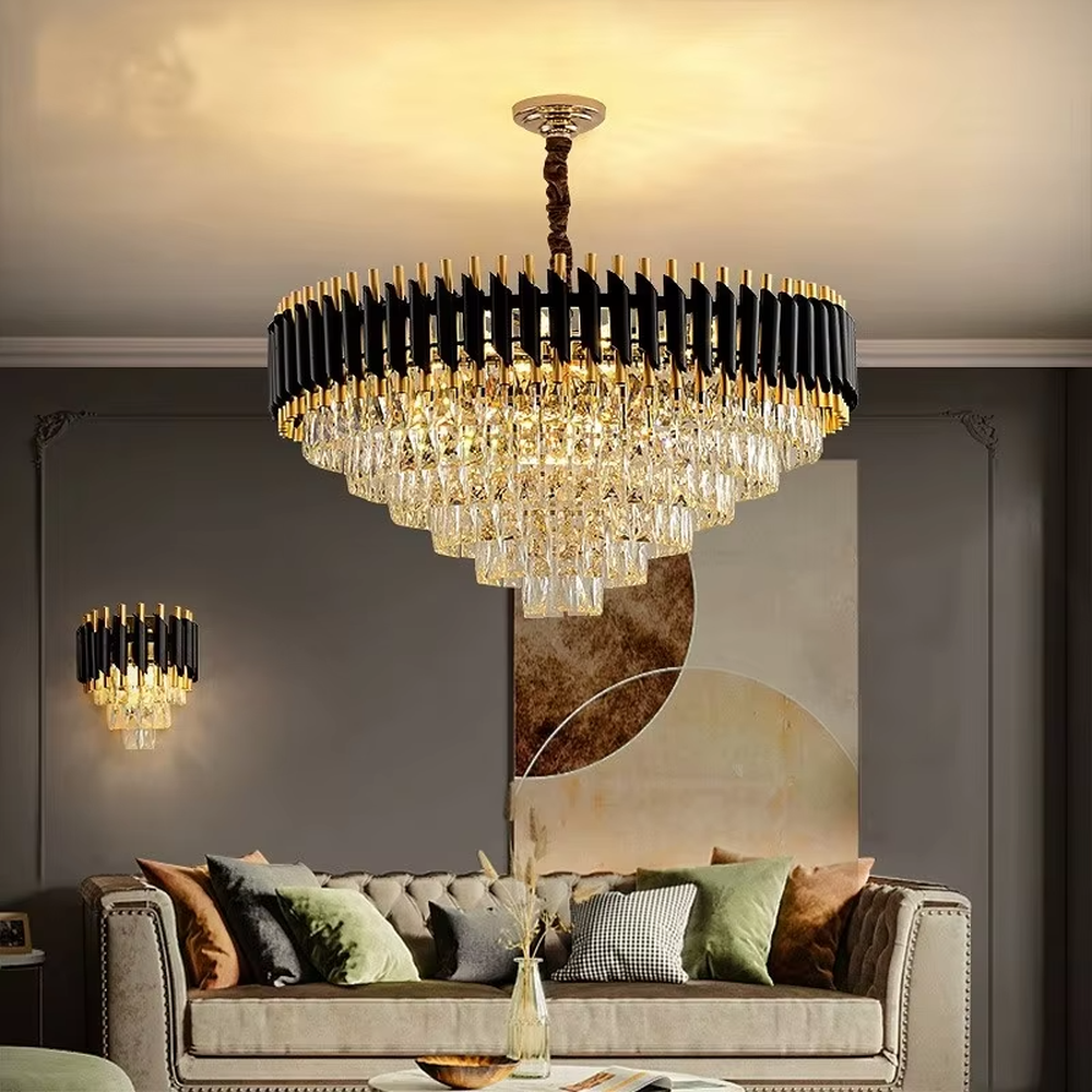 This is a light luxury modern-style black and gold round crystal chandelier, with a black and gold metal frame paired with numerous transparent crystals and black woven hanging ropes. It features a light luxury and grand design, with brilliant lighting. It is used for space lighting and decoration, creating a light luxury high-end atmosphere. Suitable for light luxury-style living rooms, high-end restaurants, luxury villas and other places.