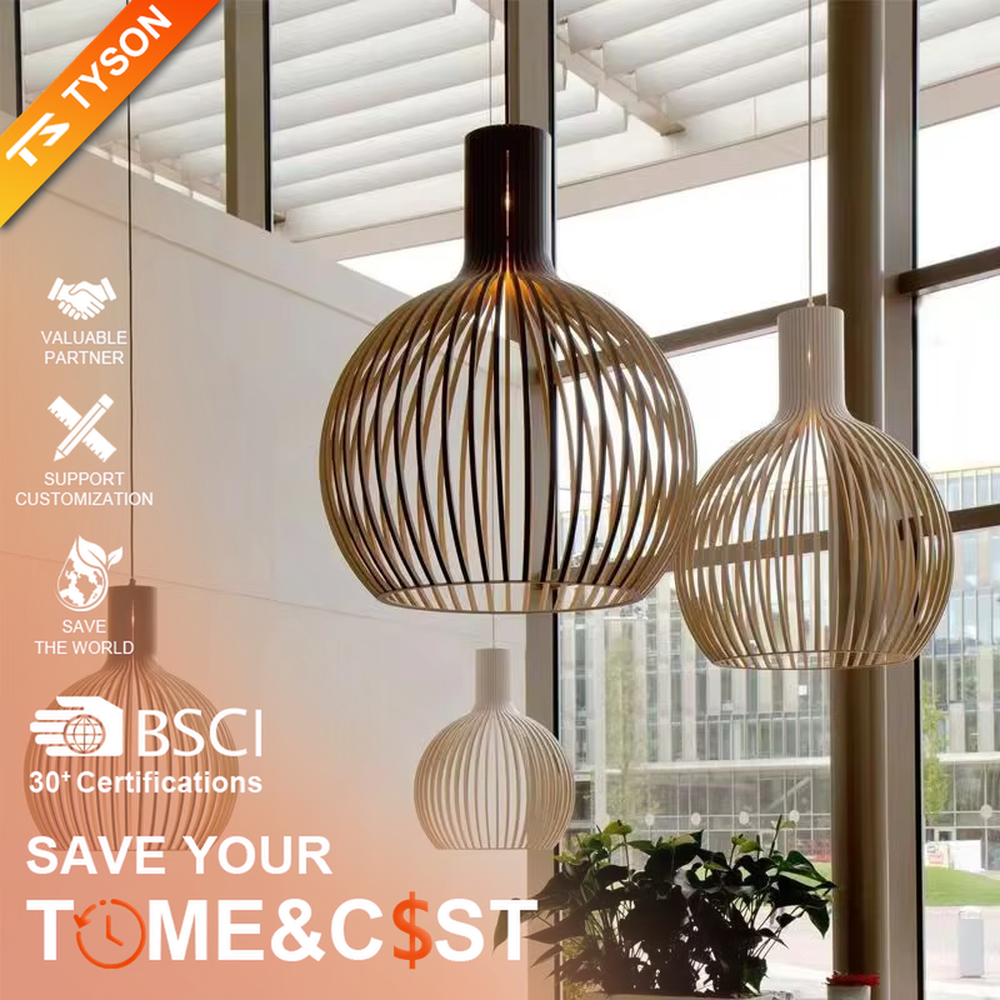 Natural-style multi-size striped wood (wood-like) spherical lampshade multi-head pendant light, warm light effect, creating a fresh and comfortable space atmosphere.