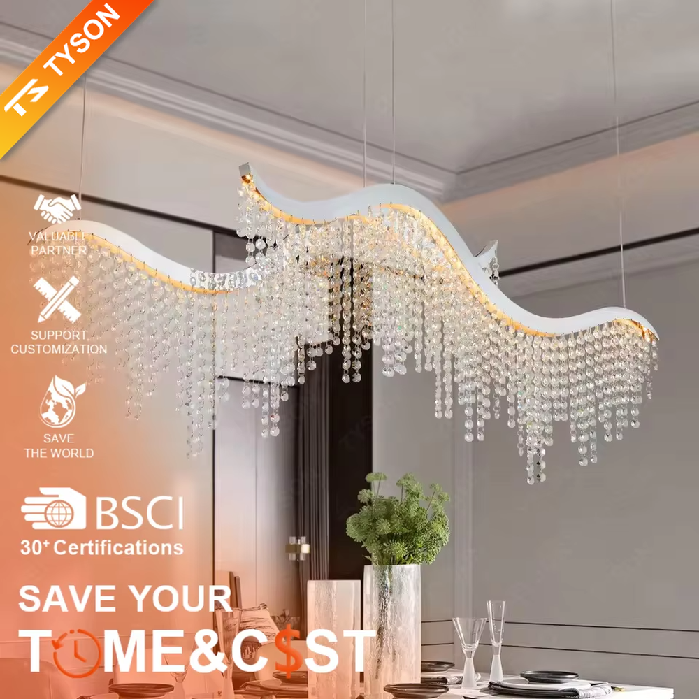 This is a modern wave-shaped crystal chandelier, with a white wave-shaped frame and multi-layer transparent crystal pendants, brilliant lighting, featuring a luxurious and grand design with strong visual appeal. It is used for space lighting and decoration, creating a high-end luxury atmosphere. It is suitable for high-end restaurants, luxury-style home living rooms, luxury clubs and other places.