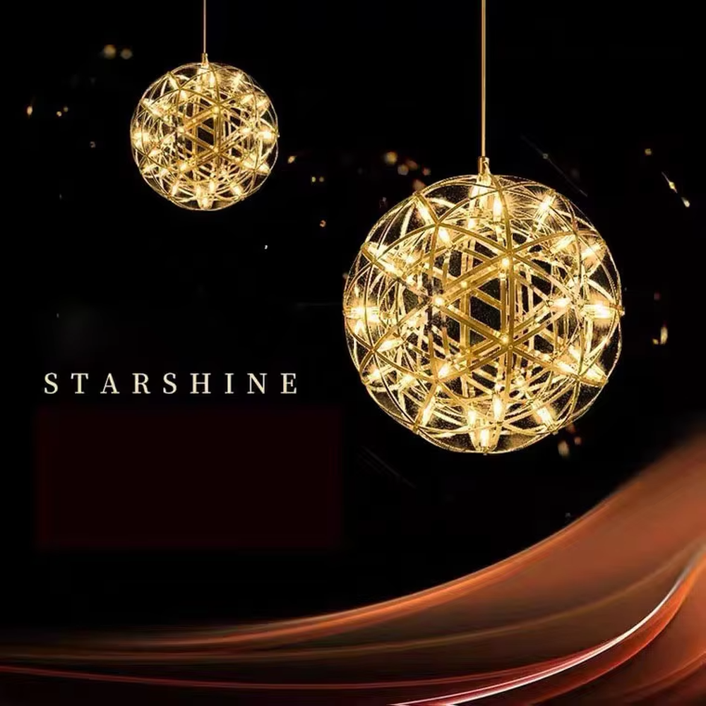 Art spark ball dandelion chandelier (metal woven spherical frame + built-in LED light source), warm/cool light effect, creating a dreamy and bright high-ceiling space atmosphere.