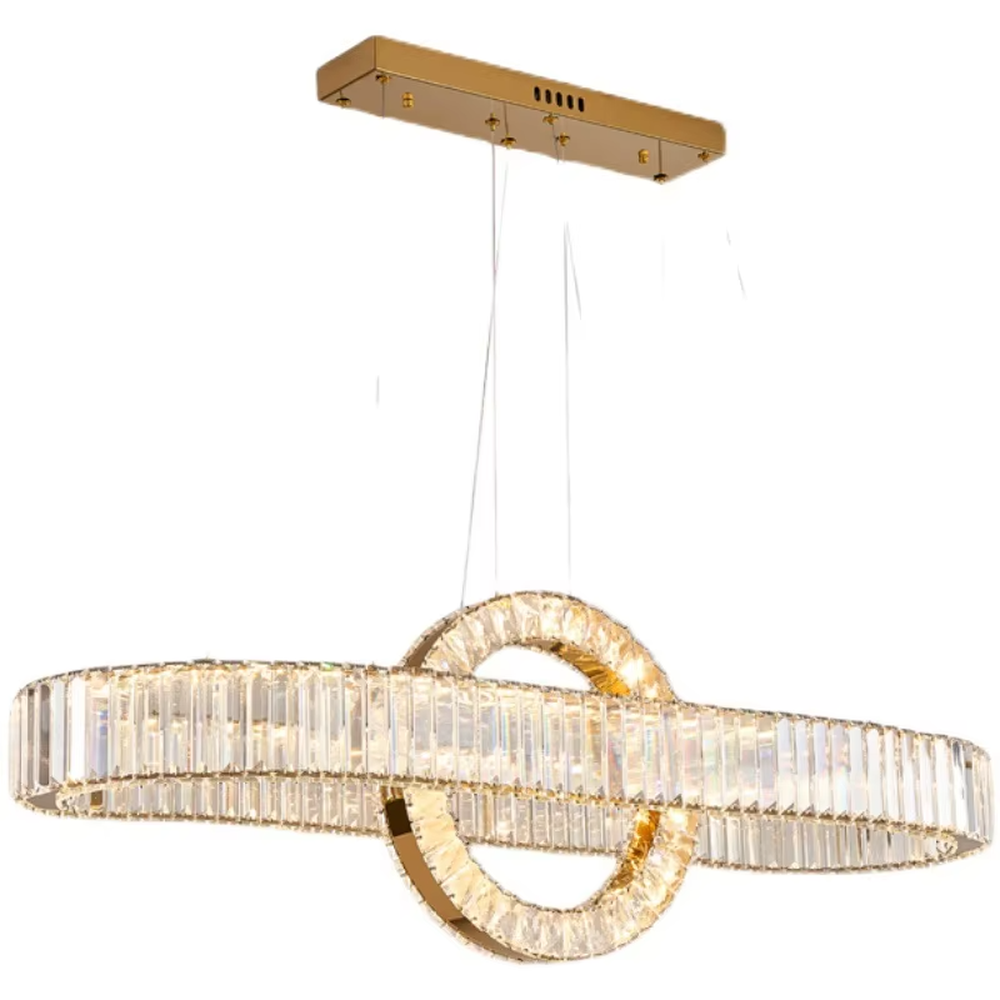 This is a light luxury and luxurious long strip ring crystal chandelier, with a golden metal frame paired with transparent crystals, adopting a combination of long strip and ring shape. When lit, the light is brilliant and gorgeous, creating a high-end light luxury atmosphere.