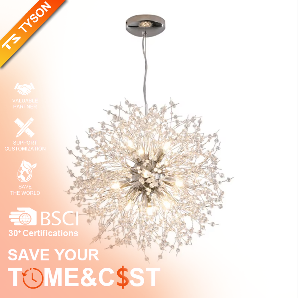 This light luxury dandelion-shaped chandelier features a spherical firework/dandelion design made of metal and light-transmitting material, emitting brilliant and soft light, serving both lighting and decorative purposes, ideal for dining rooms, living rooms, light luxury commercial spaces and other scenarios.