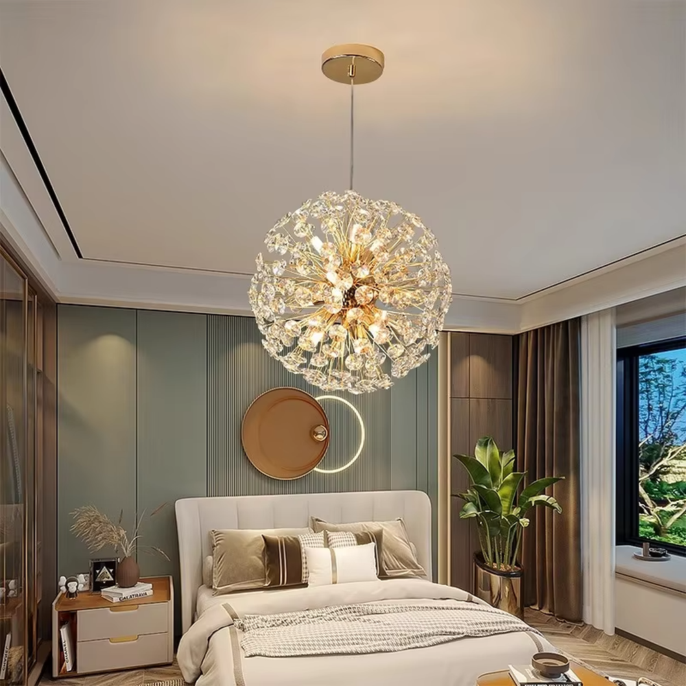 Light luxury oval dandelion-shaped golden frame crystal chandelier, warm light effect, creating an exquisite artistic space atmosphere.