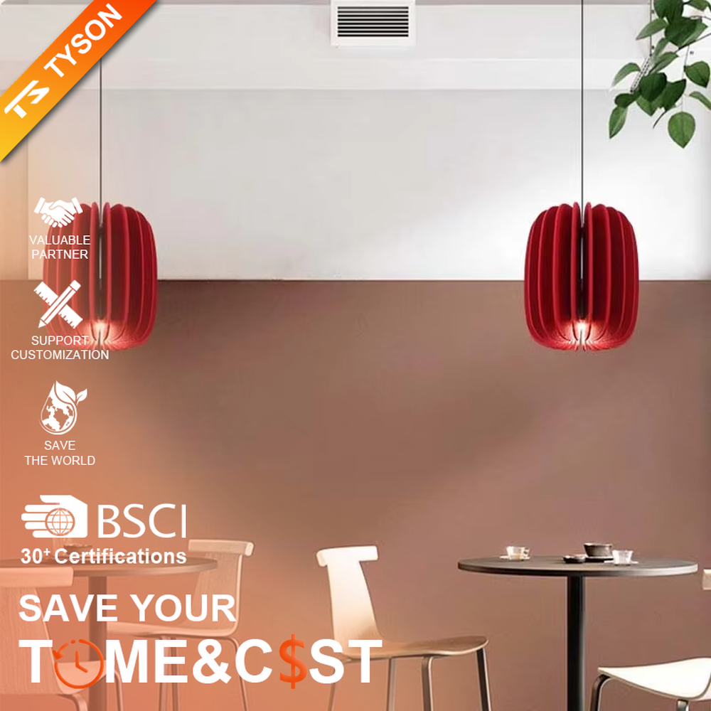 Modern artistic red pleated petal-shaped hanging chandelier, soft fabric material, soft and warm lighting, creating a stylish artistic atmosphere.
