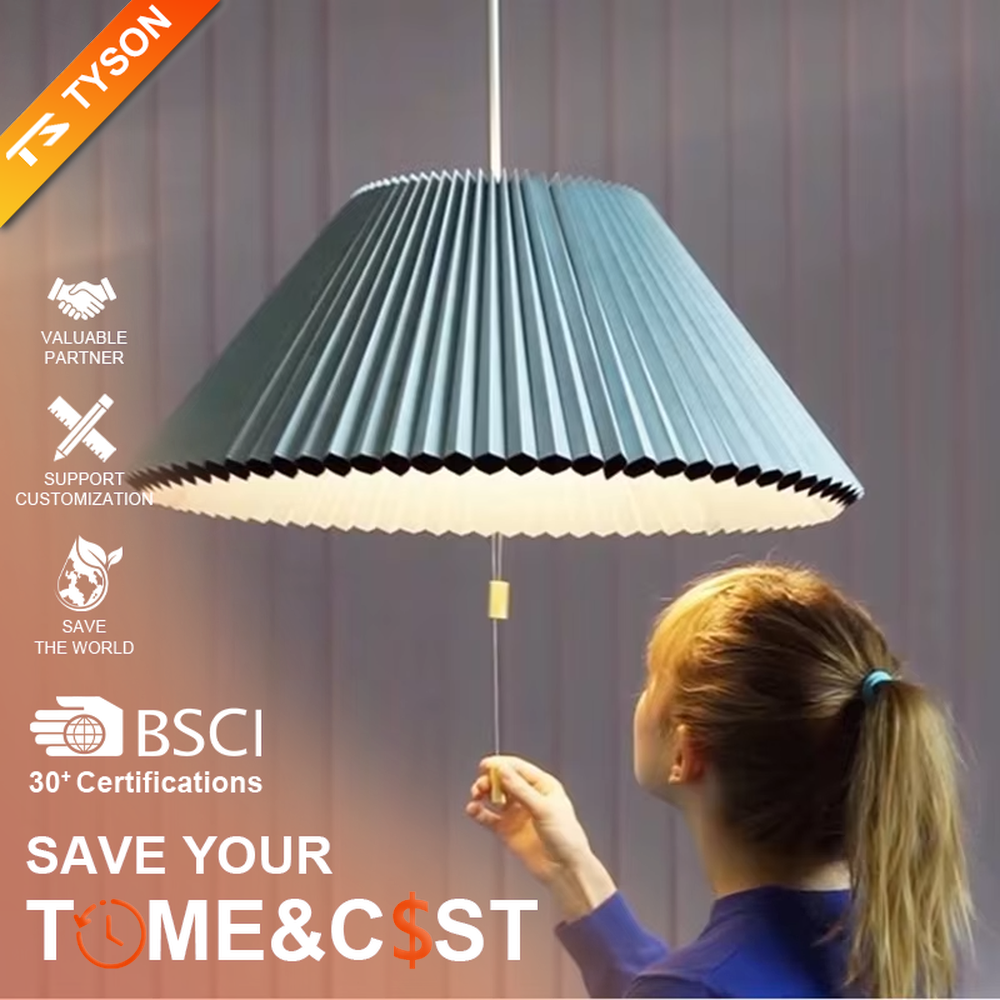 This modern minimalist fan-shaped chandelier features a light lake blue pleated fabric lampshade with a black edge, in an umbrella-shaped suspended style, serving both lighting and decorative purposes, ideal for modern minimalist spaces such as dining rooms, living rooms, and wabi-sabi cafes.