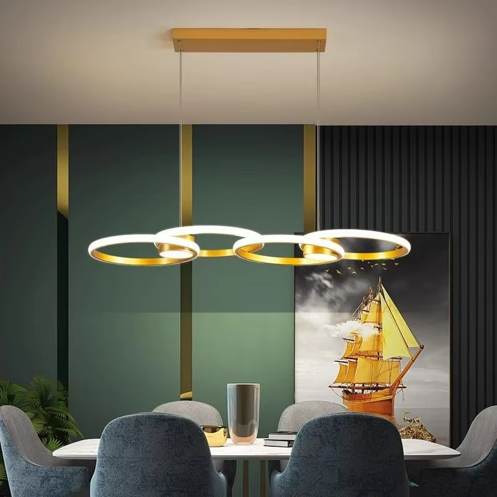 This is a modern minimalist multi-layer ring suspended chandelier, with black frames paired with white light sources, a staggered multi-layer ring shape, soft and even lighting, creating a minimalist high-end space atmosphere.