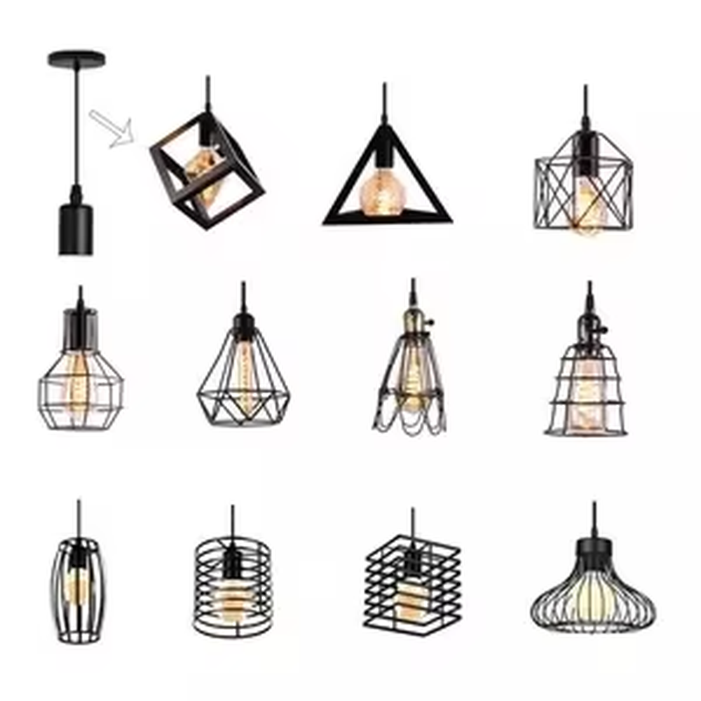 Industrial style iron mesh chandelier set, with black metal frames and pink/white cement texture tops, embedded with retro Edison bulbs, available in multiple shapes, designed to enhance the personalized atmosphere of spaces, suitable for restaurant bars, coffee shops, industrial style home and commercial spaces