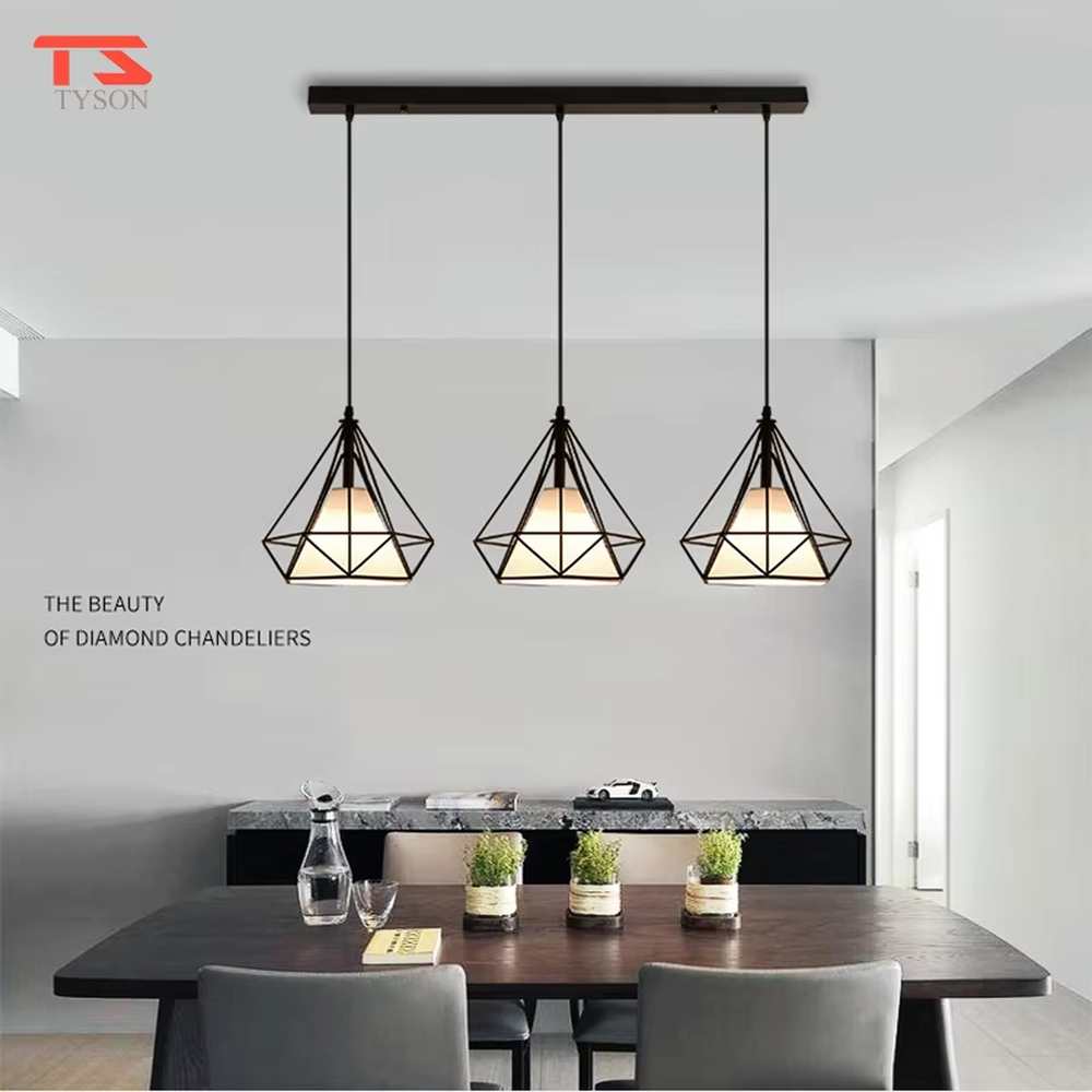Nordic style three-head geometric iron chandelier, featuring a black rhombus metal frame design with soft and even light, used for lighting and decoration in dining tables, bars and other areas, suitable for modern minimalist, industrial style home and commercial spaces
