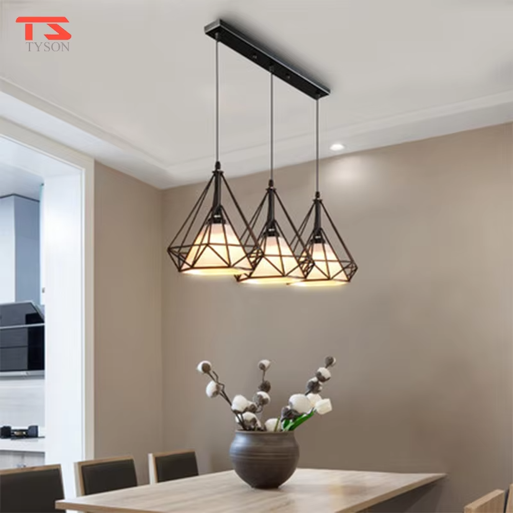 Nordic style three-head geometric iron chandelier, featuring a black rhombus metal frame design with soft and even light, used for lighting and decoration in dining tables, bars and other areas, suitable for modern minimalist, industrial style home and commercial spaces