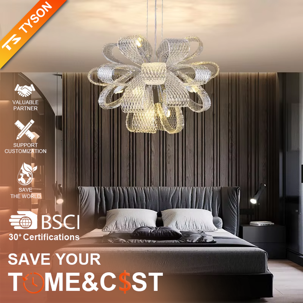 Modern art light luxury woven bow-shaped transparent texture chandelier, golden textured woven pattern + warm light effect, creating a flexible luxurious artistic atmosphere.