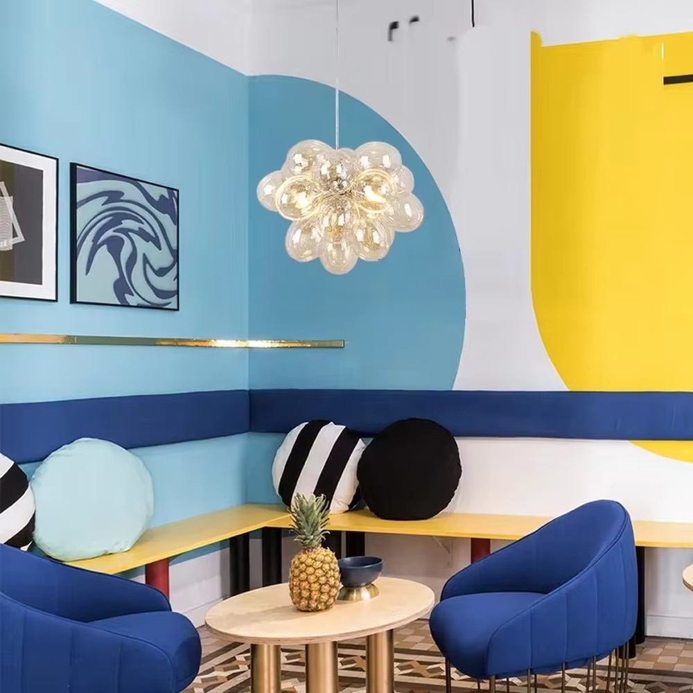 Light luxury rose-pink petal-shaped glass chandelier (gold core decoration), warm light effect, creating a romantic and sweet space atmosphere.