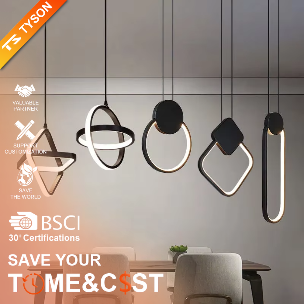 Modern minimalist geometric shape combination hanging lamp, three shapes (circle/diamond/long ellipse) + black-brown line lamp body + thin suspension rope, soft and uniform light, creating a simple high-end home atmosphere.