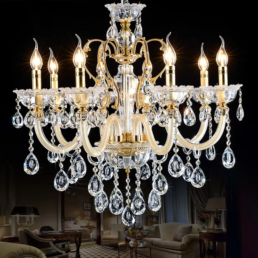 This is a European-style luxury crystal chandelier with multi-layer crystal ornaments and candlestick-shaped lamp heads, featuring a brilliant and luxurious design. It is used for space lighting and decoration, creating a luxurious and grand atmosphere. It is suitable for villa living rooms, high-end hotel banquet halls, European-style clubs and other places.