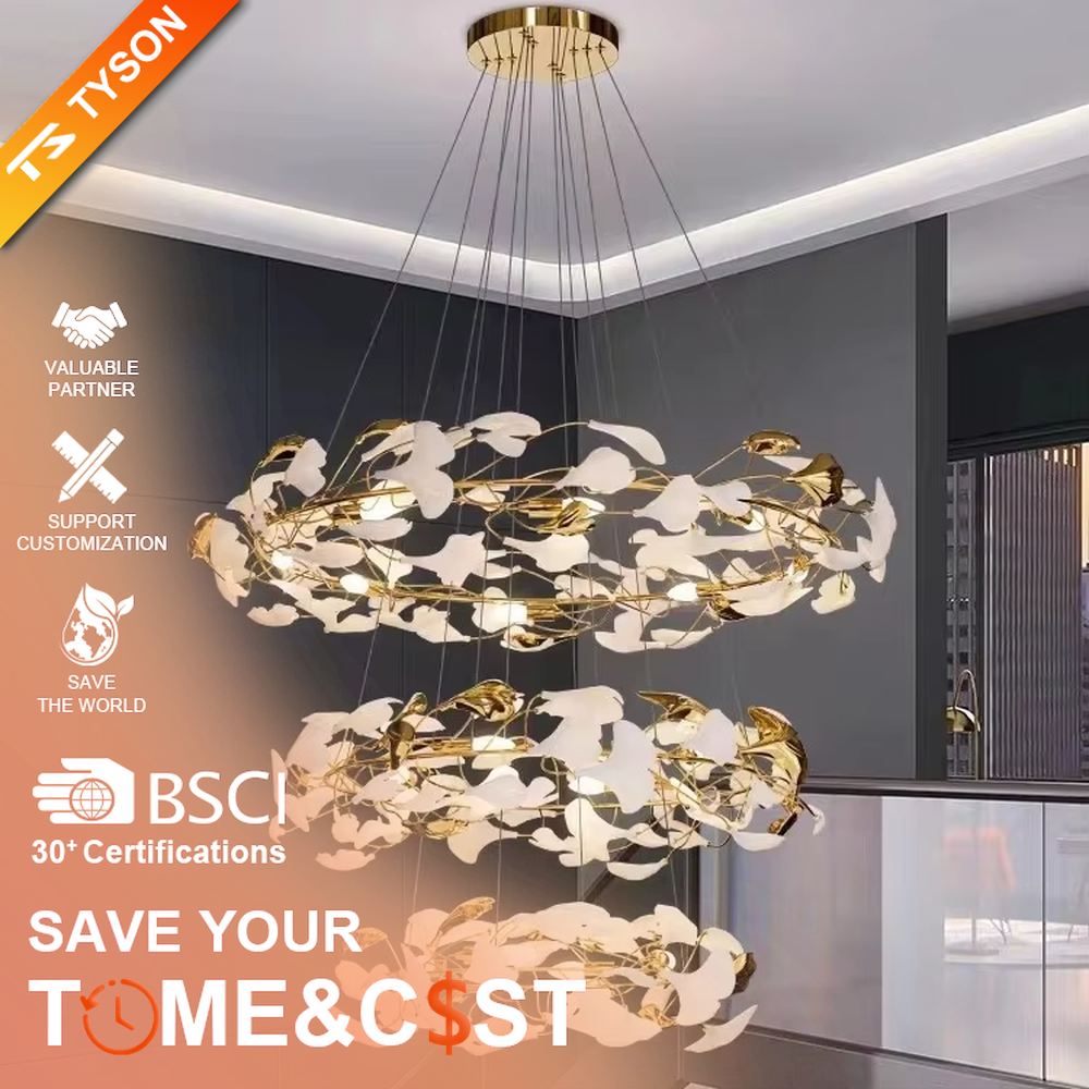 This is a new Chinese luxury ginkgo leaf multi-layer chandelier, with a golden metal frame and white ginkgo leaf design, featuring natural art and luxury texture. It is used for space lighting and decoration, creating a natural luxury ambiance. It is suitable for high-end residential double-height living rooms, luxury hotel lobbies, art clubs and other places.