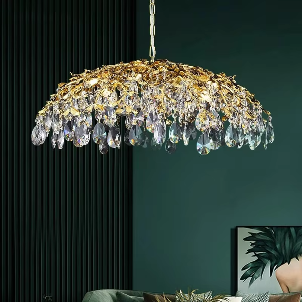 This is a luxurious arc-shaped crystal chandelier, composed of numerous translucent crystal components. It has a full and layered shape, dazzling under the light, showing a luxurious texture. It is used for space lighting and artistic decoration, combining practicality and decorativeness to enhance the luxurious atmosphere of the space. It is suitable for high-end residential living rooms, luxury hotel lobbies, high-end restaurants, private clubs and other high-end places.