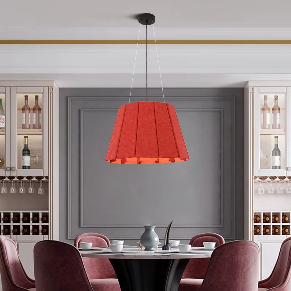 Elegant grand-style red pleated fabric hanging chandelier, black suspension rod + ceiling plate, soft and warm lighting, creating an exquisite elegant atmosphere.