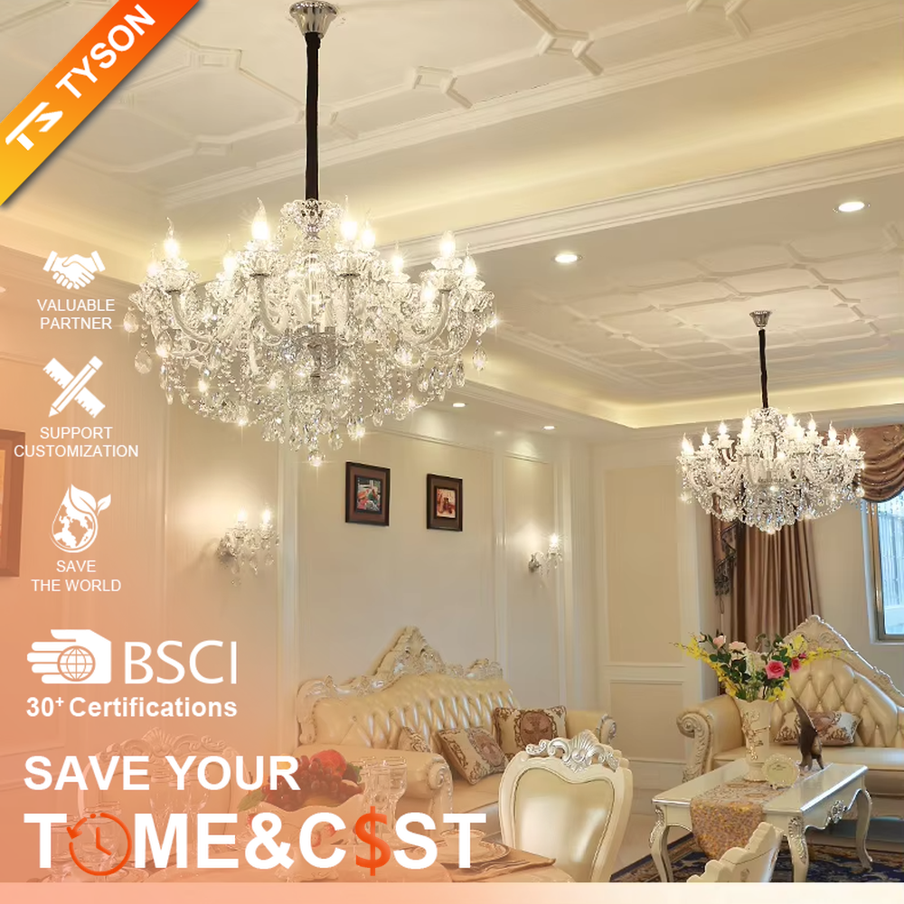 European palace-style fully transparent crystal chandelier, candle-shaped bulbs + crystal carvings + tassel design, brilliant warm light creates luxurious atmosphere.