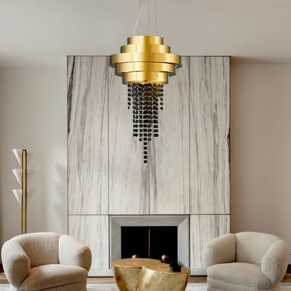 Modern light luxury gold-top black crystal string chandelier, golden multi-layer ring top + black crystal string decoration, brilliant and high-end lighting, creating a luxurious texture space atmosphere.