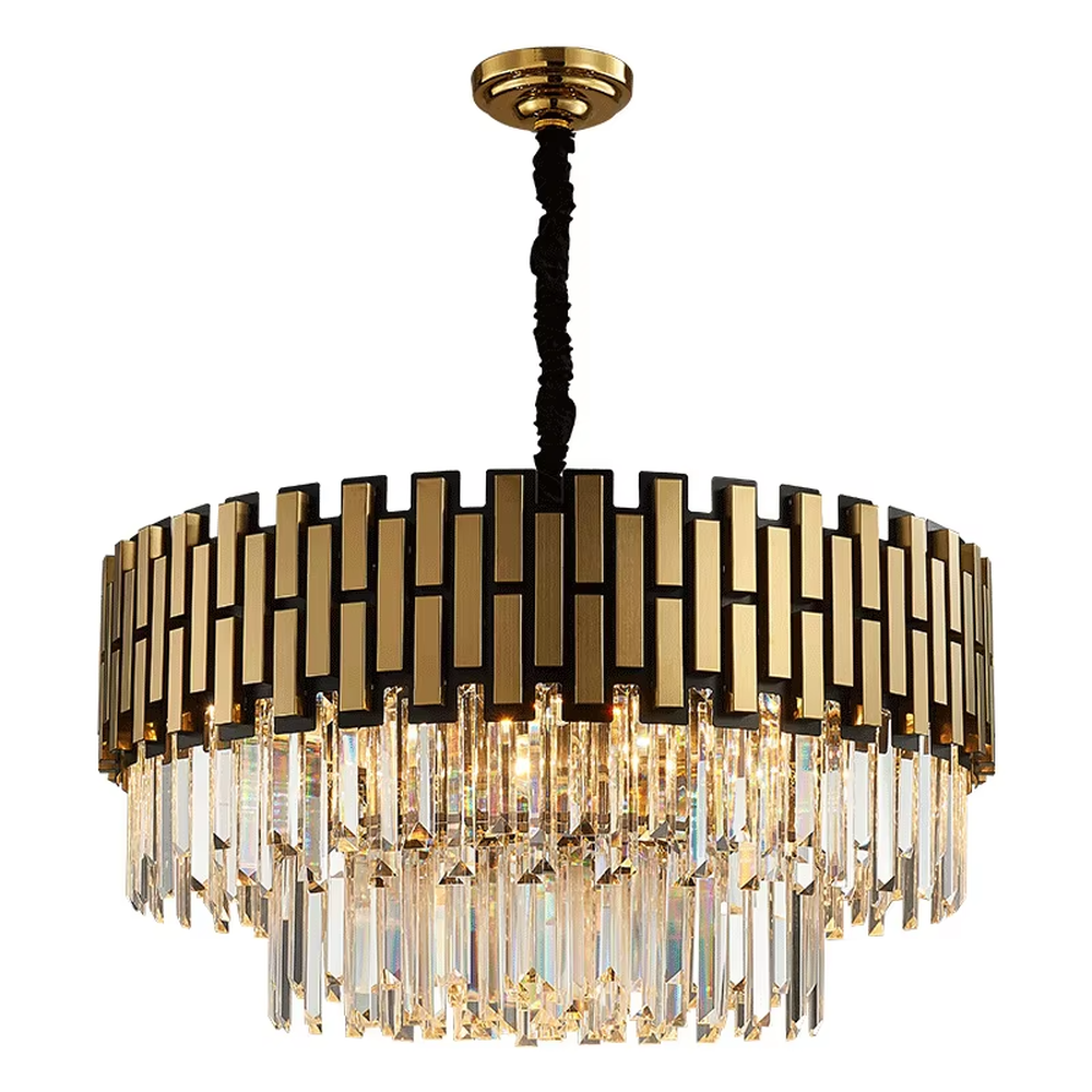 Light luxury black-gold strip frame circular crystal chandelier, decorated with pendant transparent crystal strips, brilliant and gorgeous lighting, creating a high-end light luxury atmosphere.