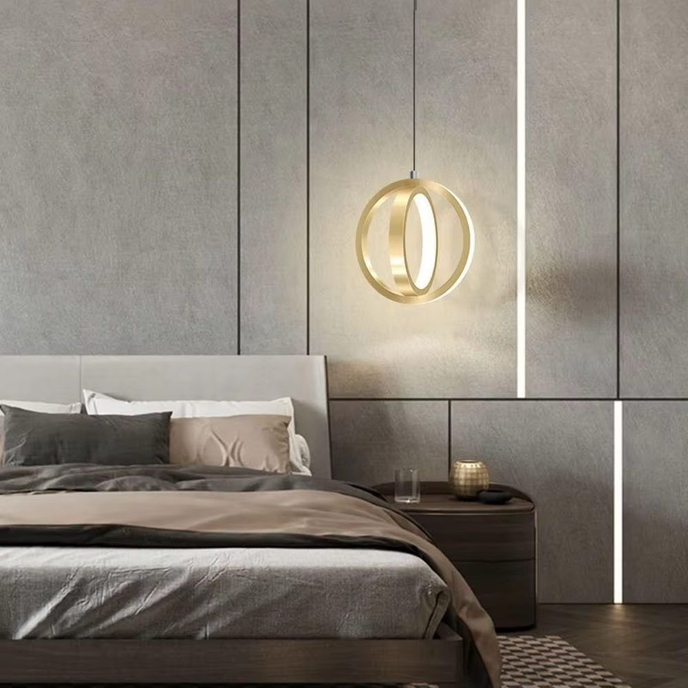 Light luxury double-ring staggered wall lamp (gold metal ring + built-in light strip), warm light effect, creating a stylish and high-end bedroom atmosphere.
