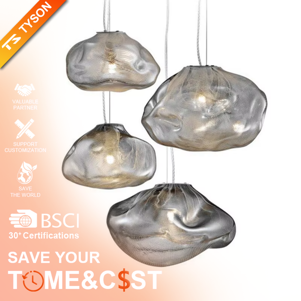 Art pleated metal cloud cluster chandelier (warm light), warm light effect, creating a cutting-edge artistic high-end space atmosphere.