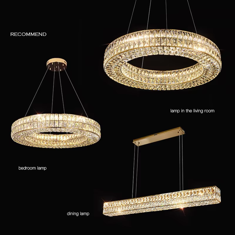 Light luxury modern long-shaped cut crystal chandelier, golden frame + full-set diamond-cut crystals + warm light effect, creating a luxurious dining atmosphere.