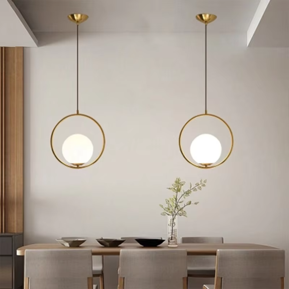 Minimalist gold ring glass ball chandelier (double-set model + warm light), warm light effect, creating a simple and high-end light luxury home atmosphere.