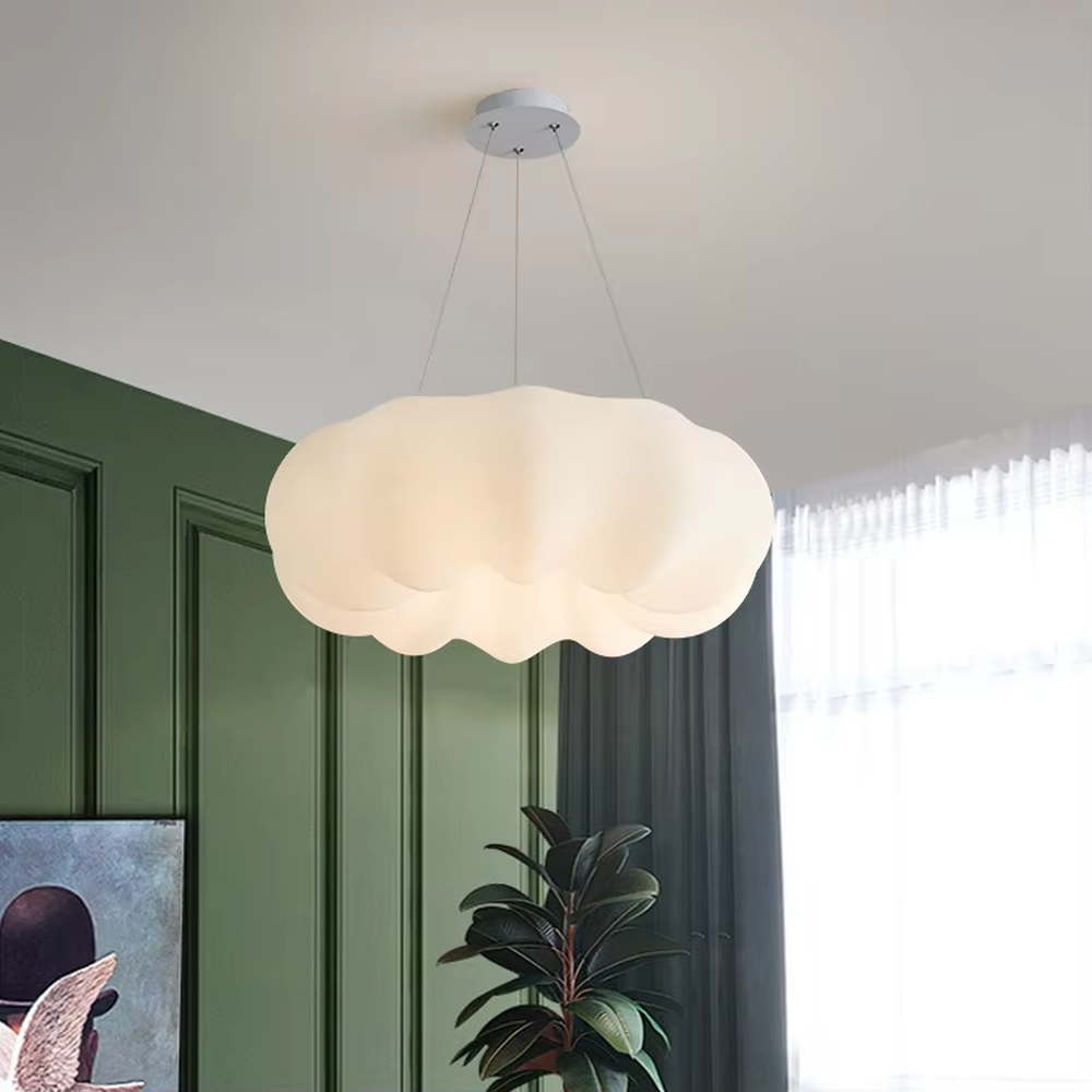 Modern minimalist cloud-shaped soft light chandelier, milk-white translucent material + warm light effect, creating a warm and healing home atmosphere.