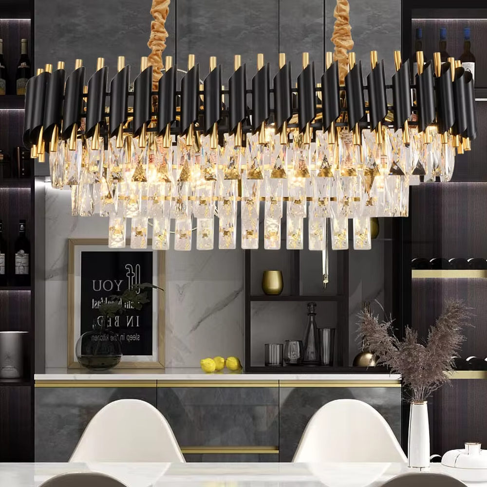This is a modern luxurious white and gold multi-layer crystal chandelier, with white and gold top decorations paired with numerous transparent crystal pendants. It features a grand and luxurious design with brilliant lighting. It is used for space lighting and decoration, creating a luxurious high-end atmosphere. Suitable for light luxury-style living rooms, high-ceiling spaces in luxury villas, high-end hotel lobbies and other places.