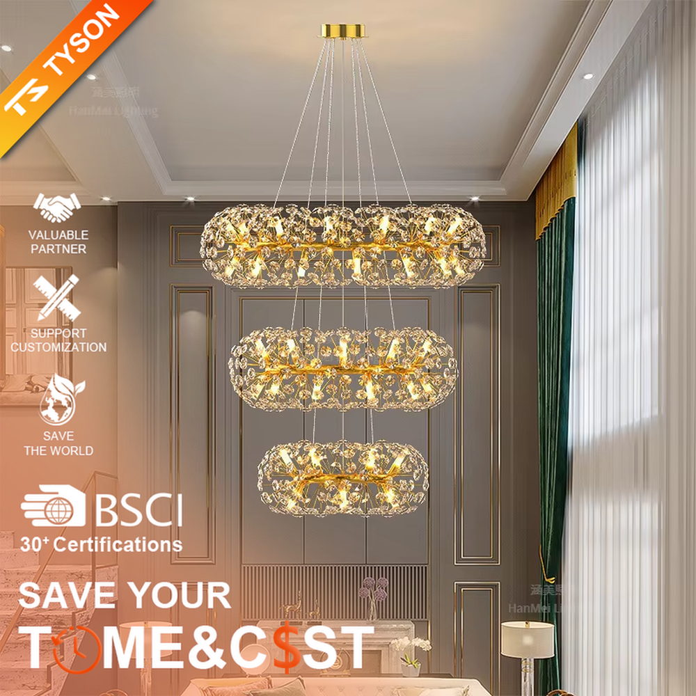 Light luxury dandelion-shaped golden frame crystal ball chandelier, warm light effect, creating an exquisite artistic space atmosphere.