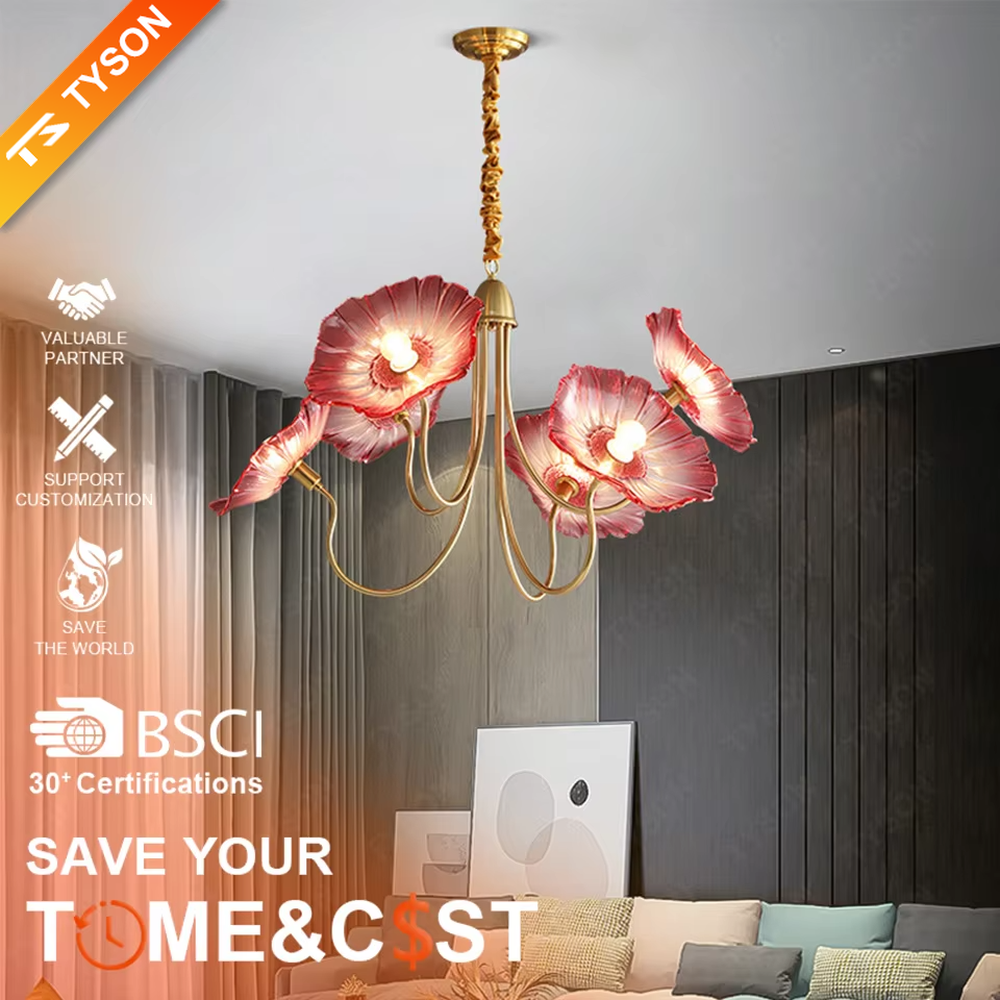 This is an artistic flower-shaped chandelier with a golden metal frame and red glass flower lampshades, featuring a retro luxury design with strong artistic sense. It is used for space lighting and decoration, creating an artistic luxury atmosphere. It is suitable for luxury-style home living rooms, art restaurants, soft decoration display spaces and other places.