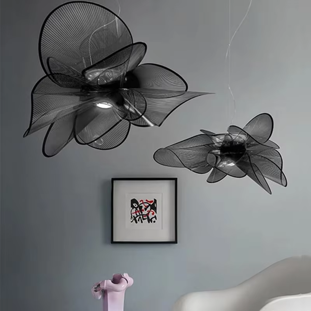 Modern art petal chandelier, multi-layer three-dimensional petal shape made of white semi-transparent PET material, with light and transparent lines, designed to enhance the artistic atmosphere of spaces, suitable for living rooms, clubs, art exhibition halls and other modern high-end spaces