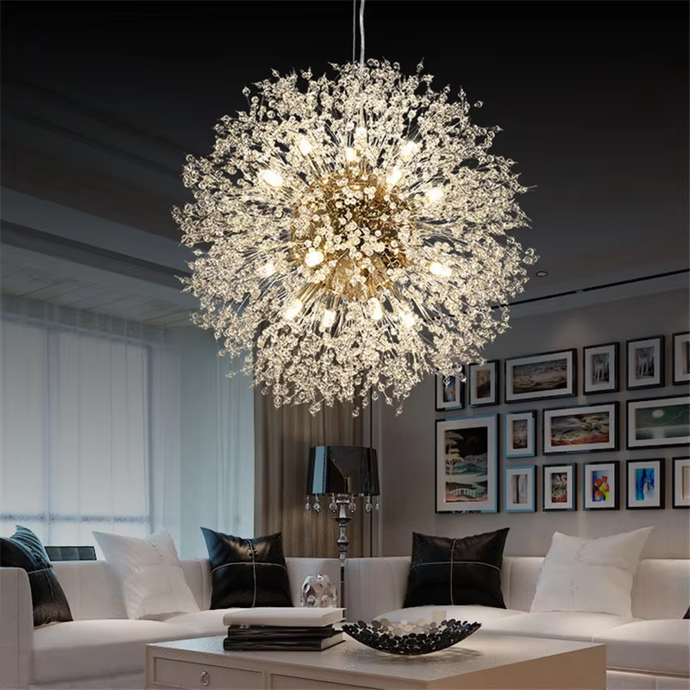 Light luxury art dandelion-shaped cluster chandelier, golden core + transparent slender decorative pieces + multi-bulbs, soft warm light like starlight, creating a light luxury art living room atmosphere.