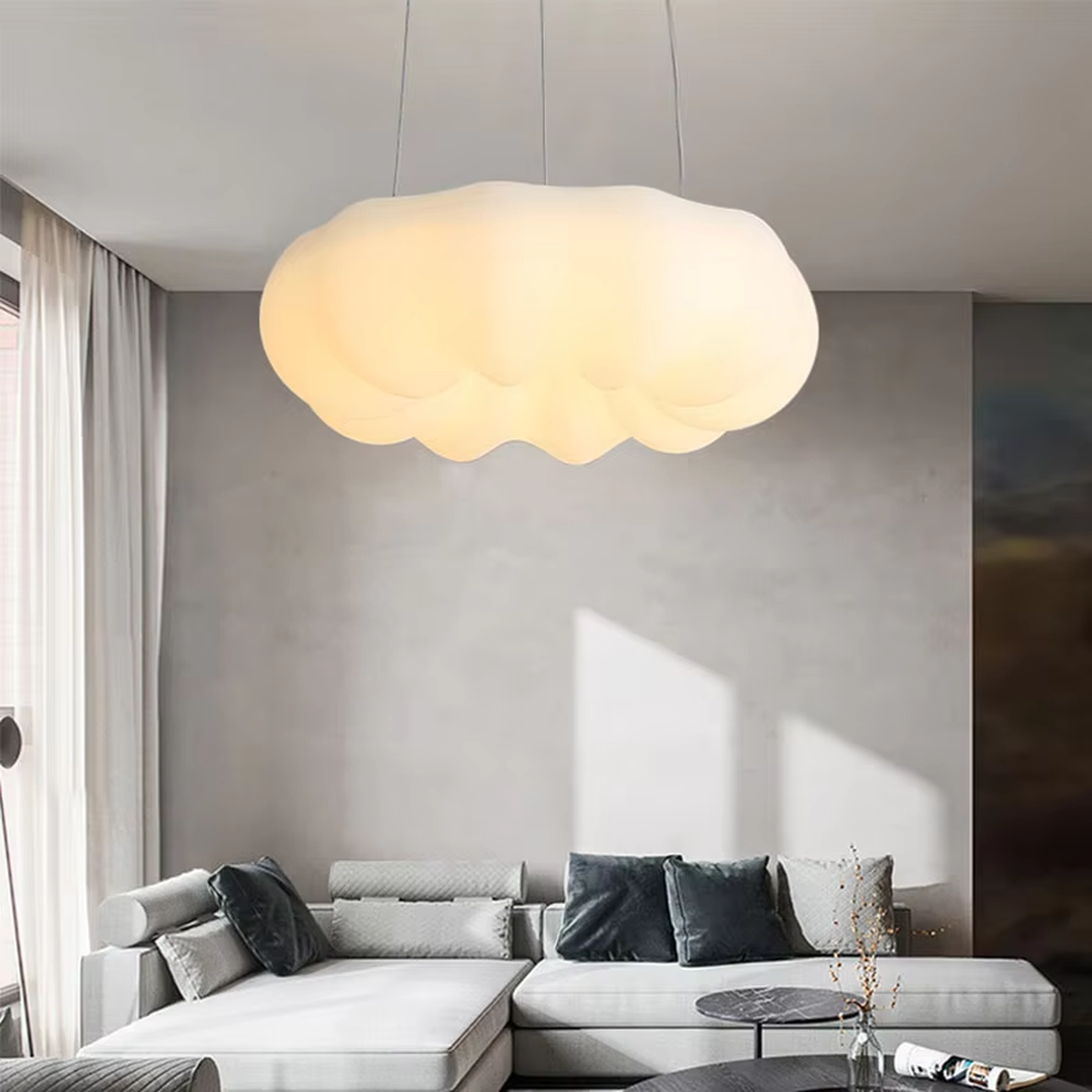 Modern minimalist cloud-shaped soft light chandelier, milk-white translucent material + warm light effect, creating a warm and healing home atmosphere.