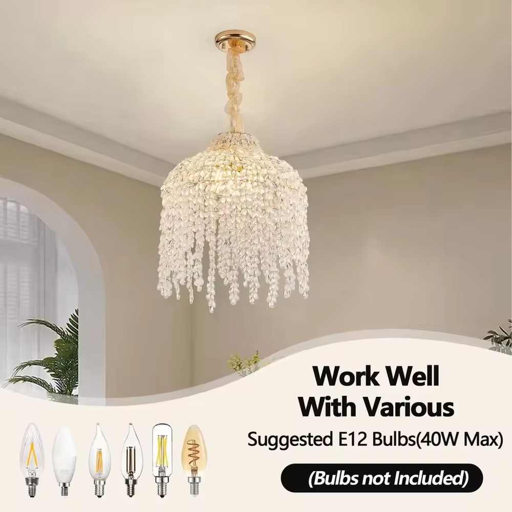 This is a luxury crystal chandelier with a golden base and cascading crystal string design, featuring a luxurious and elegant style that shows brilliant texture under light. It is used for space lighting and decoration, creating a noble and luxurious ambiance. It is suitable for luxury-style home living rooms, high-end hotel guest rooms, luxury restaurants and other places.