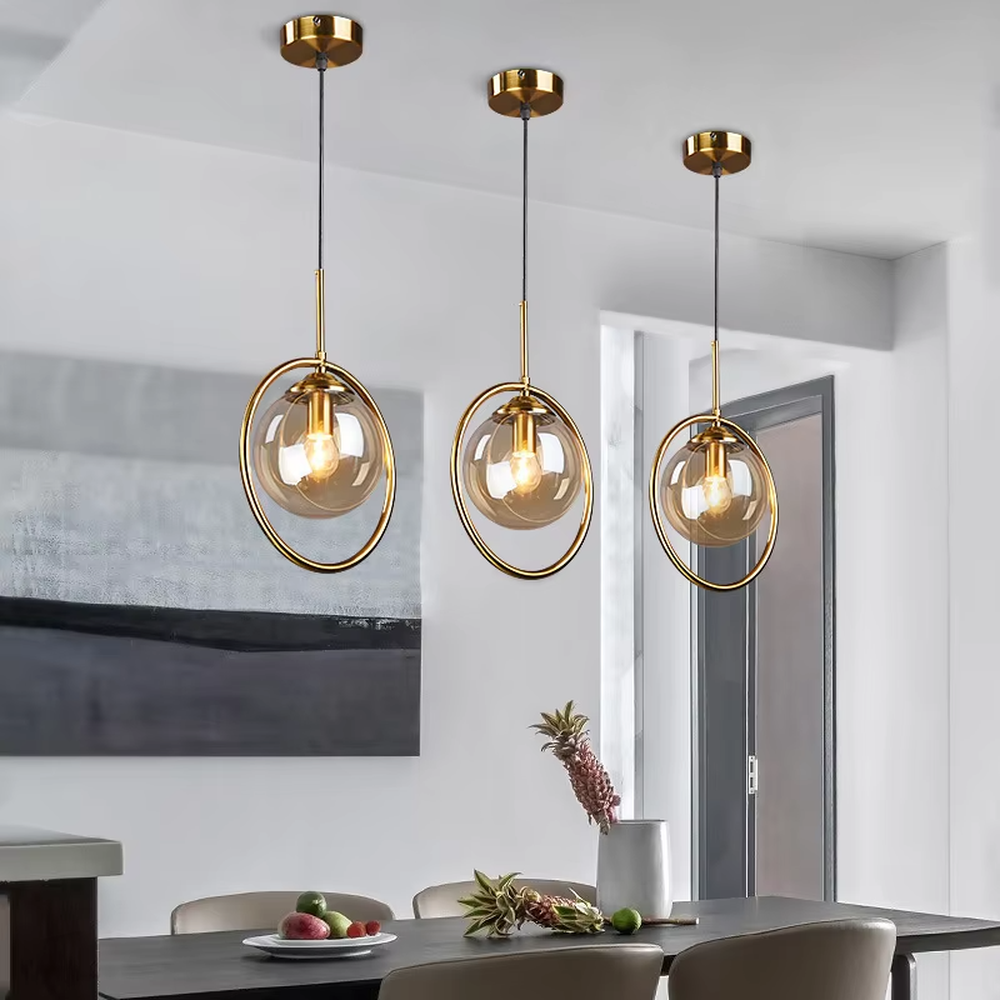Modern light luxury golden ring glass ball chandelier (warm light), warm light effect, creating a simple and high-end warm space atmosphere.