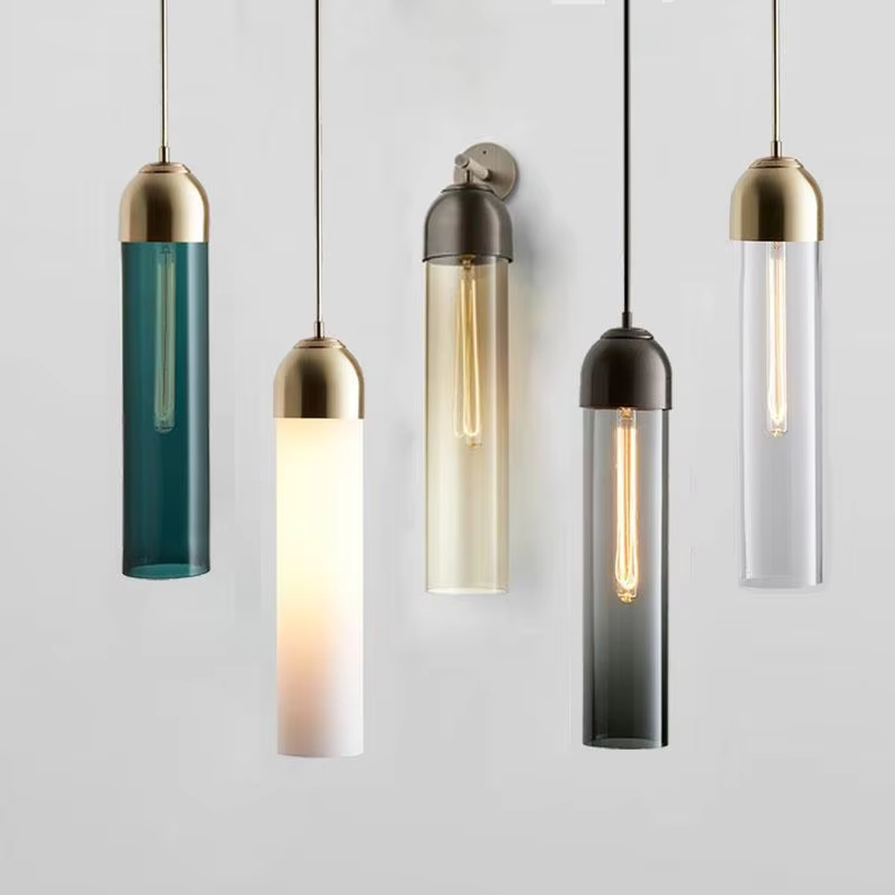 Modern minimalist multi-color glass cylinder chandelier (gold/black top trim), warm light effect, creating a fresh and versatile minimalist space atmosphere.