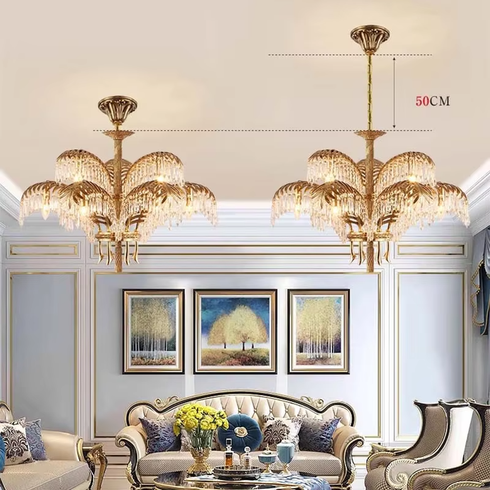 This is a luxurious tropical-style golden palm leaf crystal chandelier, with a golden metal palm leaf structure and numerous crystal pendants, featuring strong luxury and tropical artistic sense, brilliant lighting. It is used for space lighting and decoration, creating a high-end luxurious tropical atmosphere. Suitable for luxury villa living rooms, tropical-themed restaurants, high-end hotel lobbies and other places.