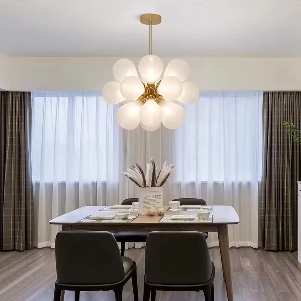 Light luxury rose-pink petal-shaped glass chandelier (gold core decoration), warm light effect, creating a romantic and sweet space atmosphere.