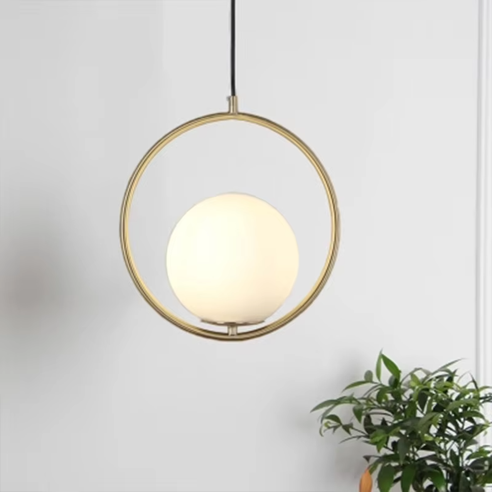 Minimalist gold ring glass ball chandelier (double-set model + warm light), warm light effect, creating a simple and high-end light luxury home atmosphere.