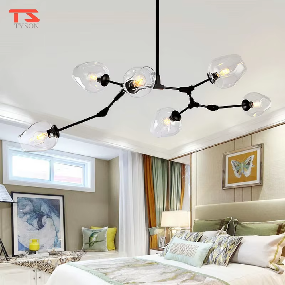 Light luxury gold branch textured glass cup chandelier (gold branch frame + textured glass cups), warm light effect, creating an exquisite and high-end home atmosphere.