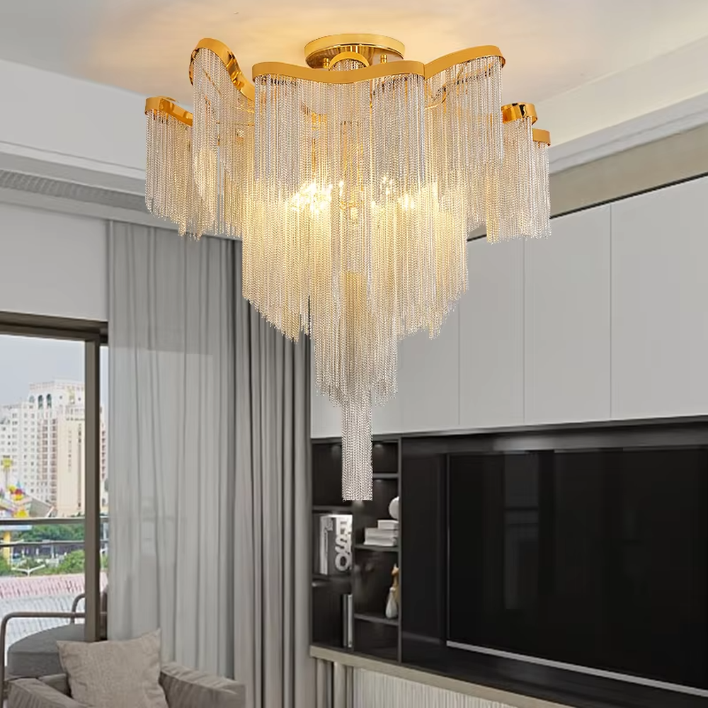 Modern light luxury golden frame light blue crystal tassel layered ceiling chandelier, warm light effect, creating an elegant and exquisite space atmosphere.