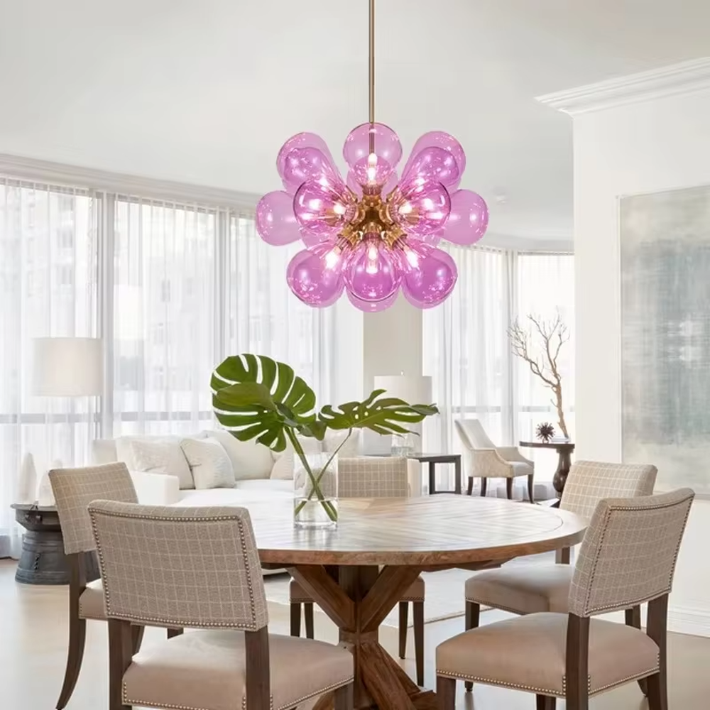 Light luxury rose-pink petal-shaped glass chandelier (gold core decoration), warm light effect, creating a romantic and sweet space atmosphere.